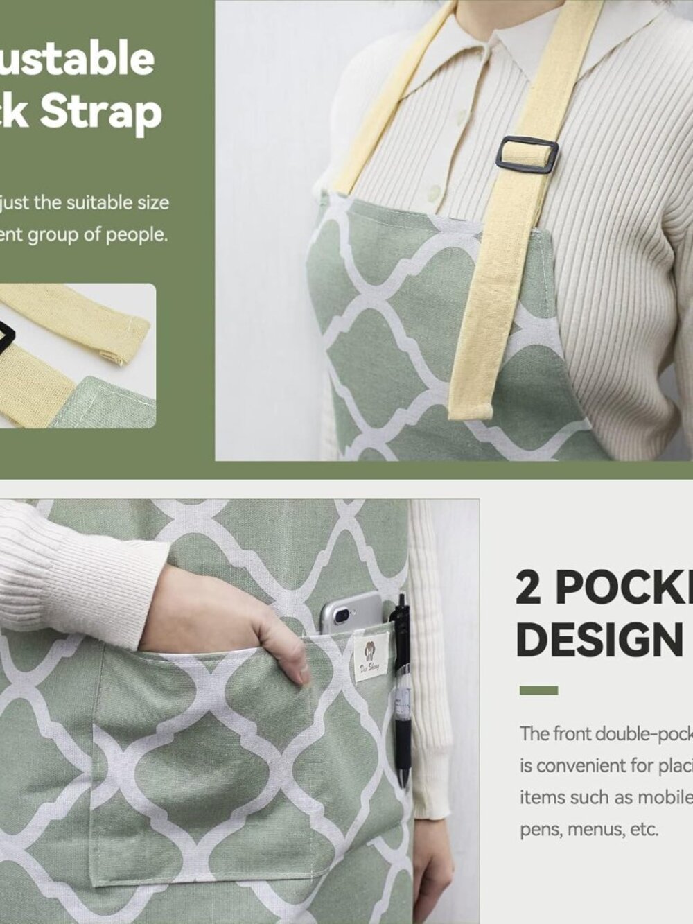 2 Pack Adjustable Waterproof Kitchen Aprons with Pockets - Green & Grey Plaid - Picture 5 of 7